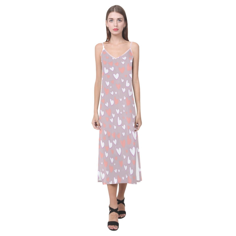 coral white heart pattern V-Neck Open Fork Long Dress