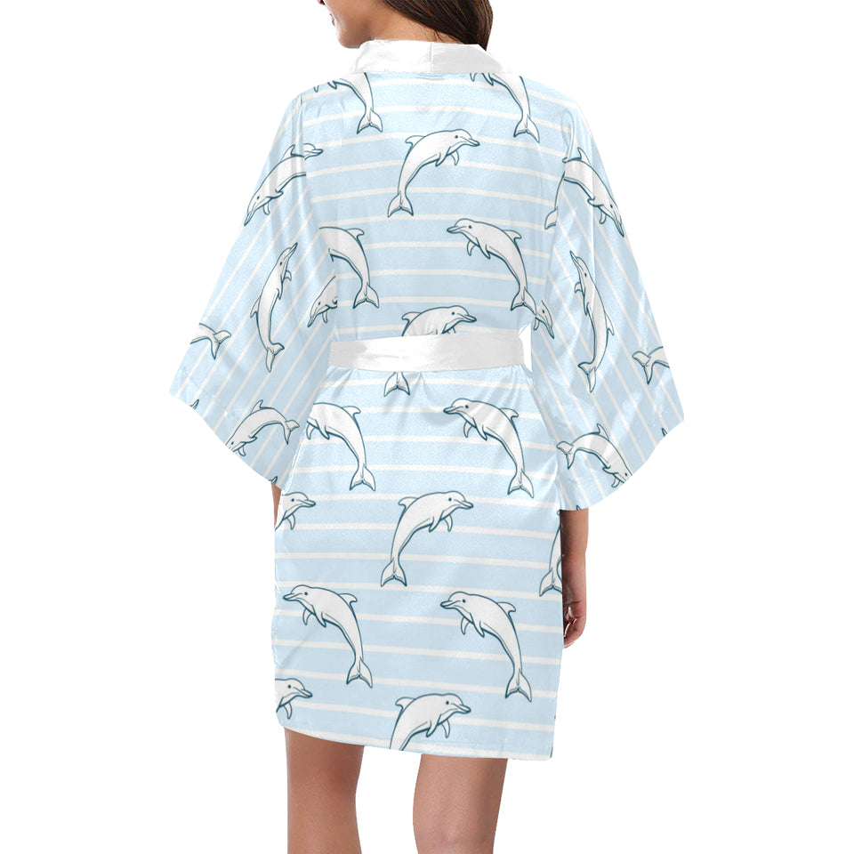 Dolphin blue striped background Women's Short Kimono Robe