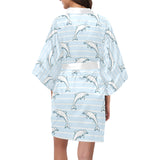 Dolphin blue striped background Women's Short Kimono Robe