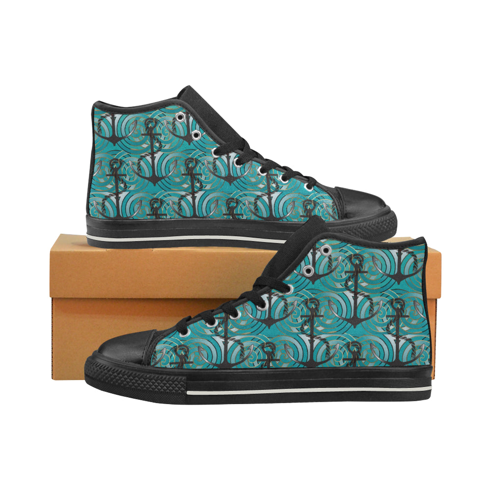Anchor nautical green background Men's High Top Canvas Shoes Black
