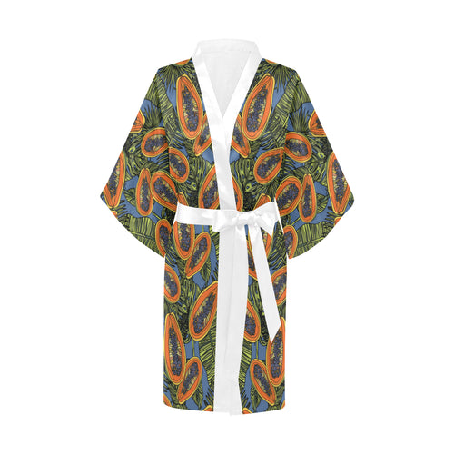 Colorful papaya tropical leaves Women's Short Kimono Robe