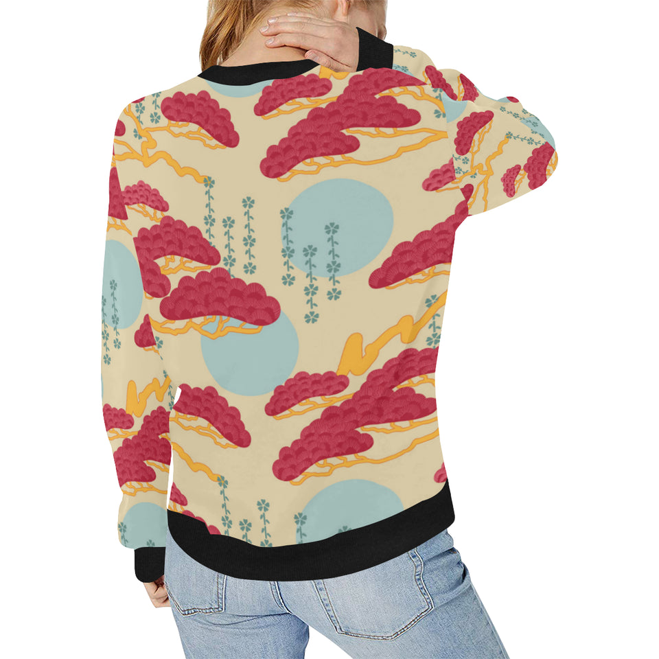 Red Bonsai gray sun japanese pattern Women's Crew Neck Sweatshirt