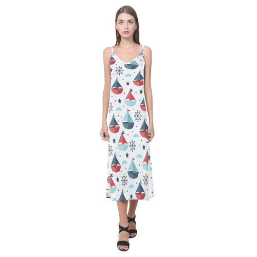Cute color paper sailboat pattern V-Neck Open Fork Long Dress