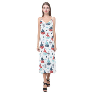 Cute color paper sailboat pattern V-Neck Open Fork Long Dress