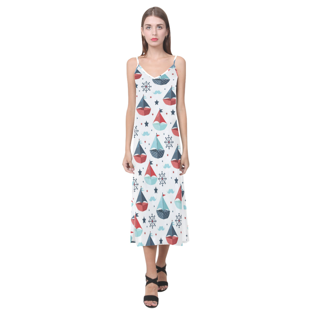 Cute color paper sailboat pattern V-Neck Open Fork Long Dress