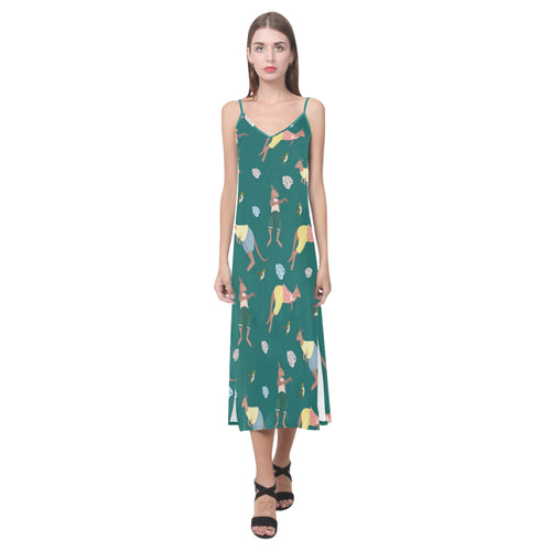 Kangaroo leaves pattern V-Neck Open Fork Long Dress