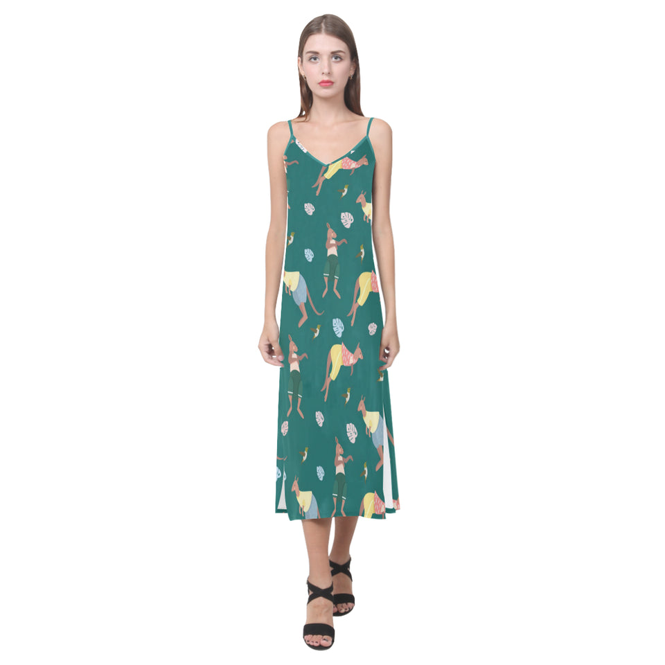 Kangaroo leaves pattern V-Neck Open Fork Long Dress