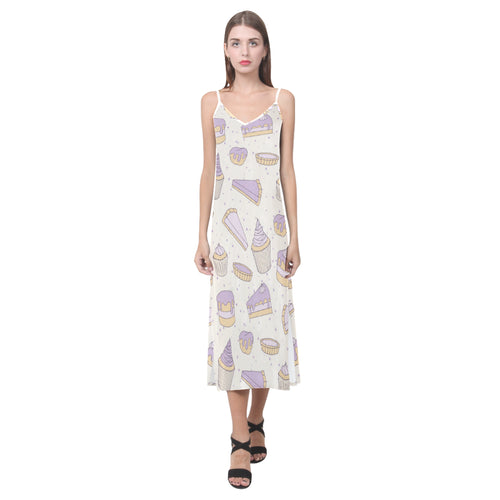 Cakes pies tarts muffins and eclairs purple bluebe V-Neck Open Fork Long Dress