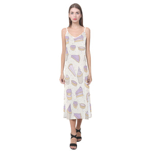 Cakes pies tarts muffins and eclairs purple bluebe V-Neck Open Fork Long Dress