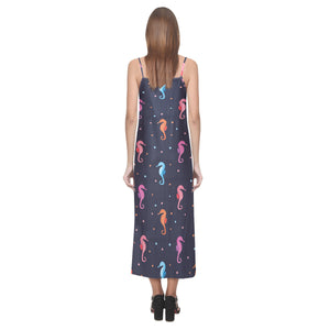 Watercolor colorful seahorse pattern V-Neck Open Fork Long Dress