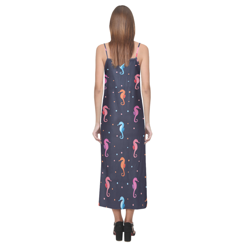 Watercolor colorful seahorse pattern V-Neck Open Fork Long Dress