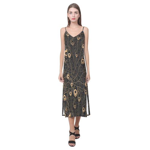 Gold peacock feather pattern V-Neck Open Fork Long Dress