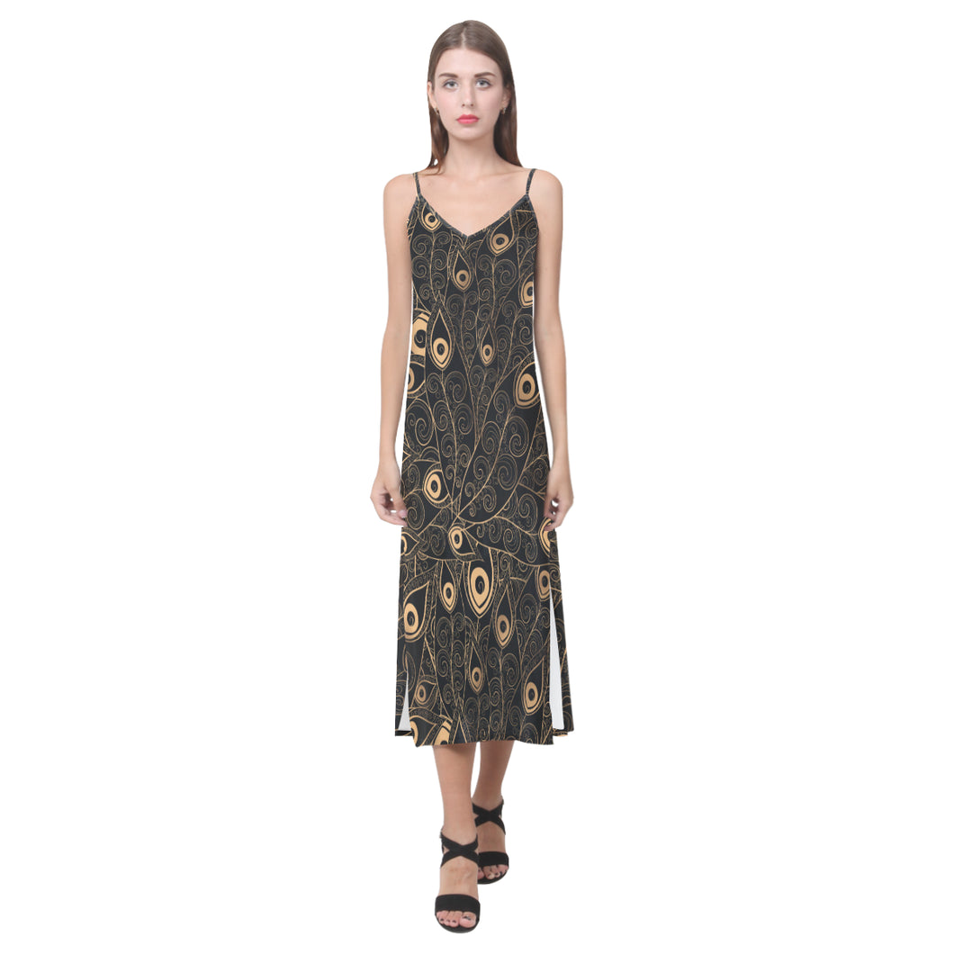 Gold peacock feather pattern V-Neck Open Fork Long Dress