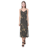 Gold peacock feather pattern V-Neck Open Fork Long Dress