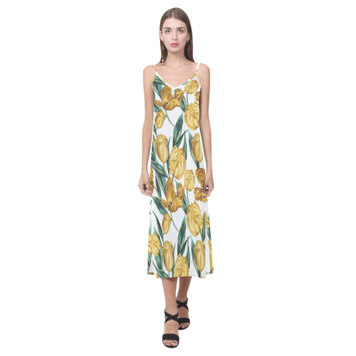 yellow tulips pattern V-Neck Open Fork Long Dress