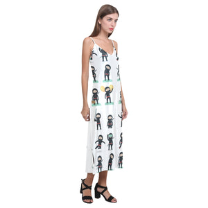 Cute ninja katana sword pattern V-Neck Open Fork Long Dress