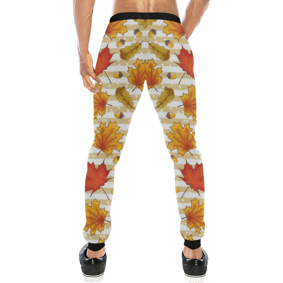 Maple leaf oak leaf acorns beige striped backgroun Unisex Casual Sweatpants