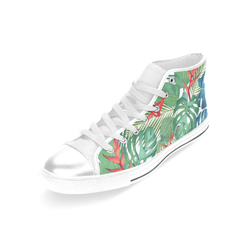 heliconia palm and monstera  leaves pattern Women's High Top Canvas Shoes White