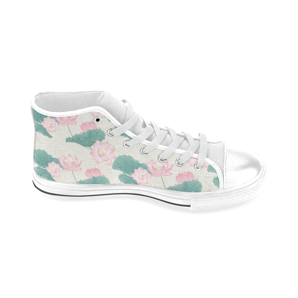 Pink lotus waterlily leaves pattern Men's High Top Canvas Shoes White
