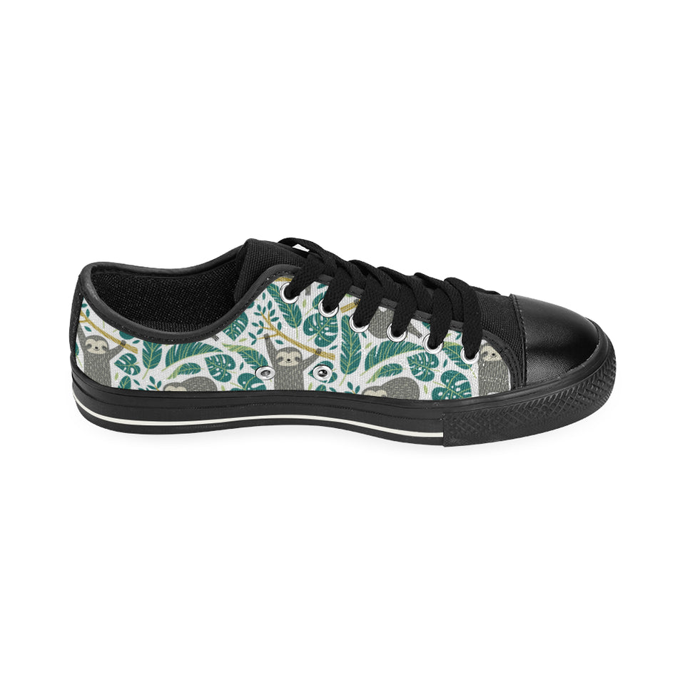 Cute sloths tropical palm leaves white background Men's Low Top Canvas Shoes Black