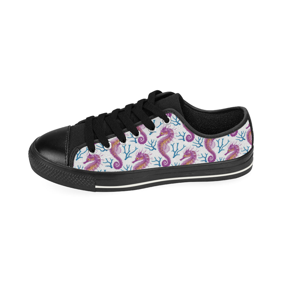 Purple seahorse blue coral pattern Men's Low Top Canvas Shoes Black