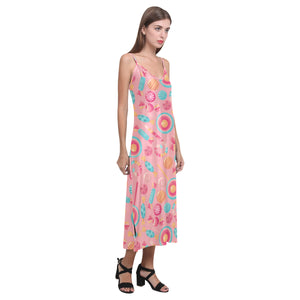Colorful candy pattern V-Neck Open Fork Long Dress