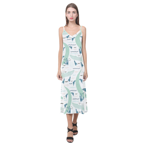 Crocodile diver pattern V-Neck Open Fork Long Dress