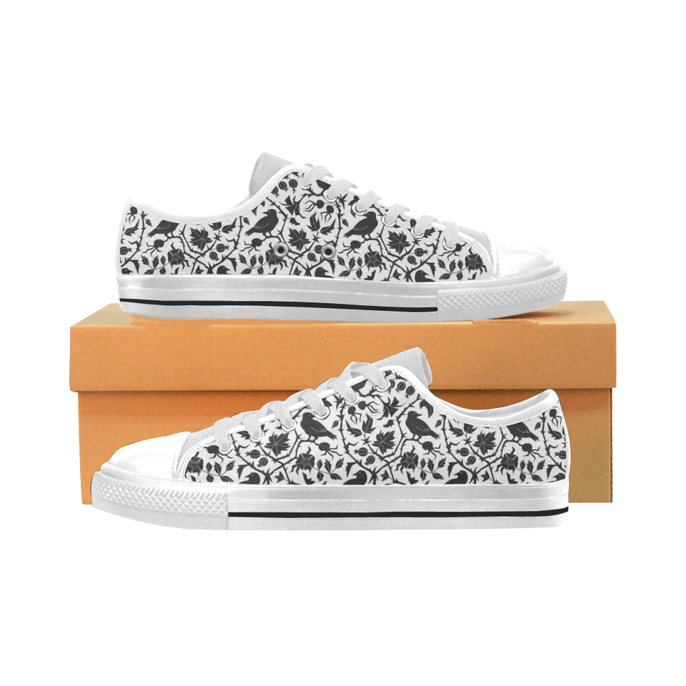 Crow dark floral pattern Men's Low Top Canvas Shoes White