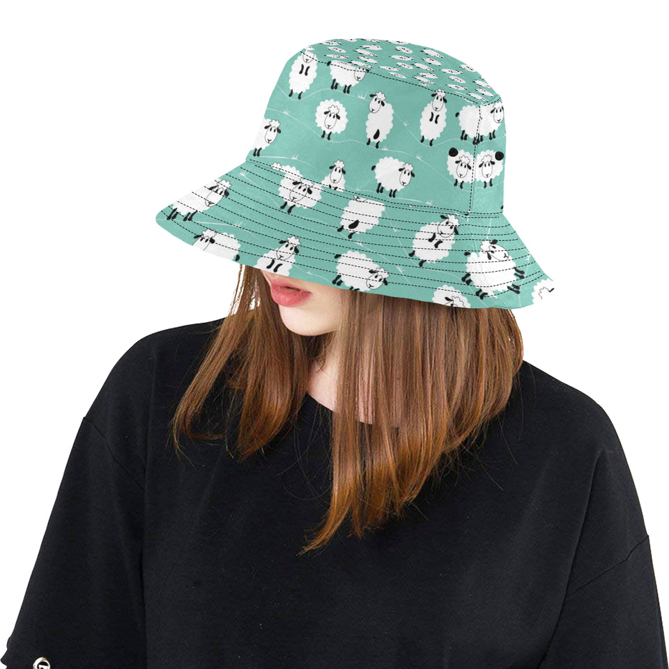 Cute sheep green background Unisex Bucket Hat