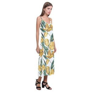yellow tulips pattern V-Neck Open Fork Long Dress