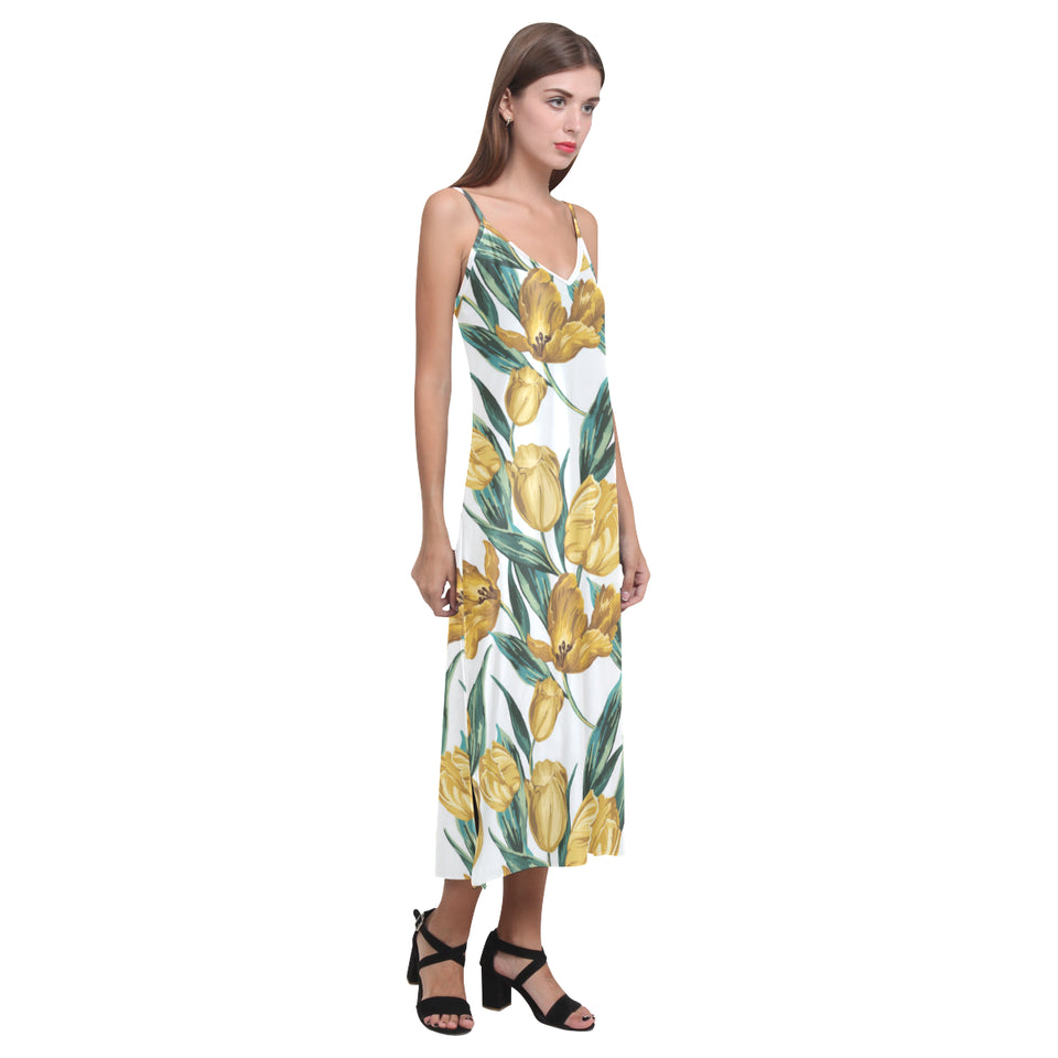 yellow tulips pattern V-Neck Open Fork Long Dress