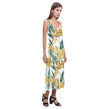 yellow tulips pattern V-Neck Open Fork Long Dress