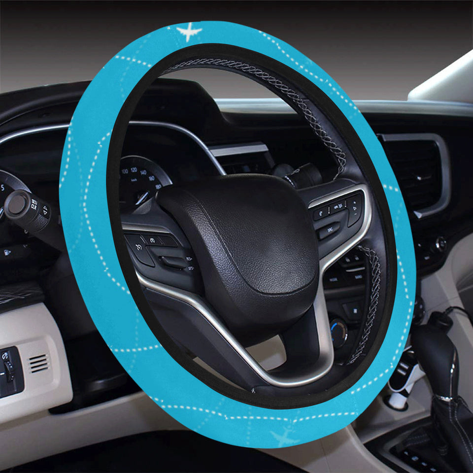 Airplane destinations blue background Car Steering Wheel Cover