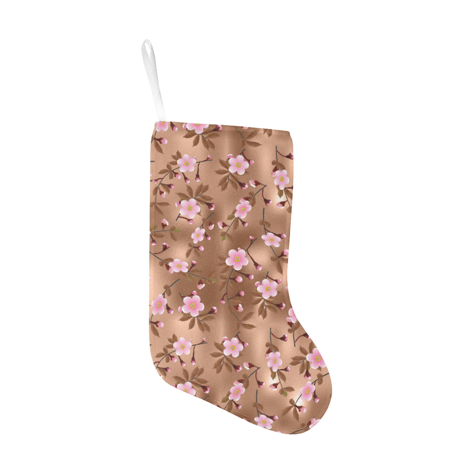 Pink sakura cherry blossom drak brown background Christmas Stocking
