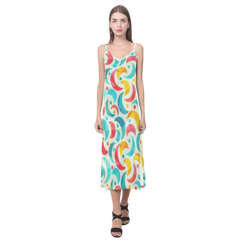 Colorful moon pattern V-Neck Open Fork Long Dress