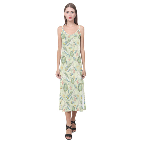 Hand drawn sea turtle fish pattern V-Neck Open Fork Long Dress