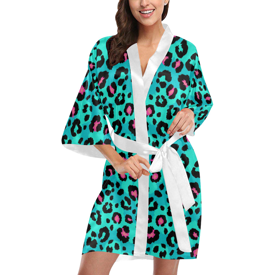 Green leopard skin print pattern Women's Short Kimono Robe