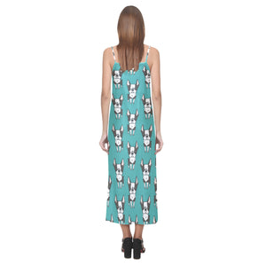Hand drawn boston terrier dog pattern V-Neck Open Fork Long Dress