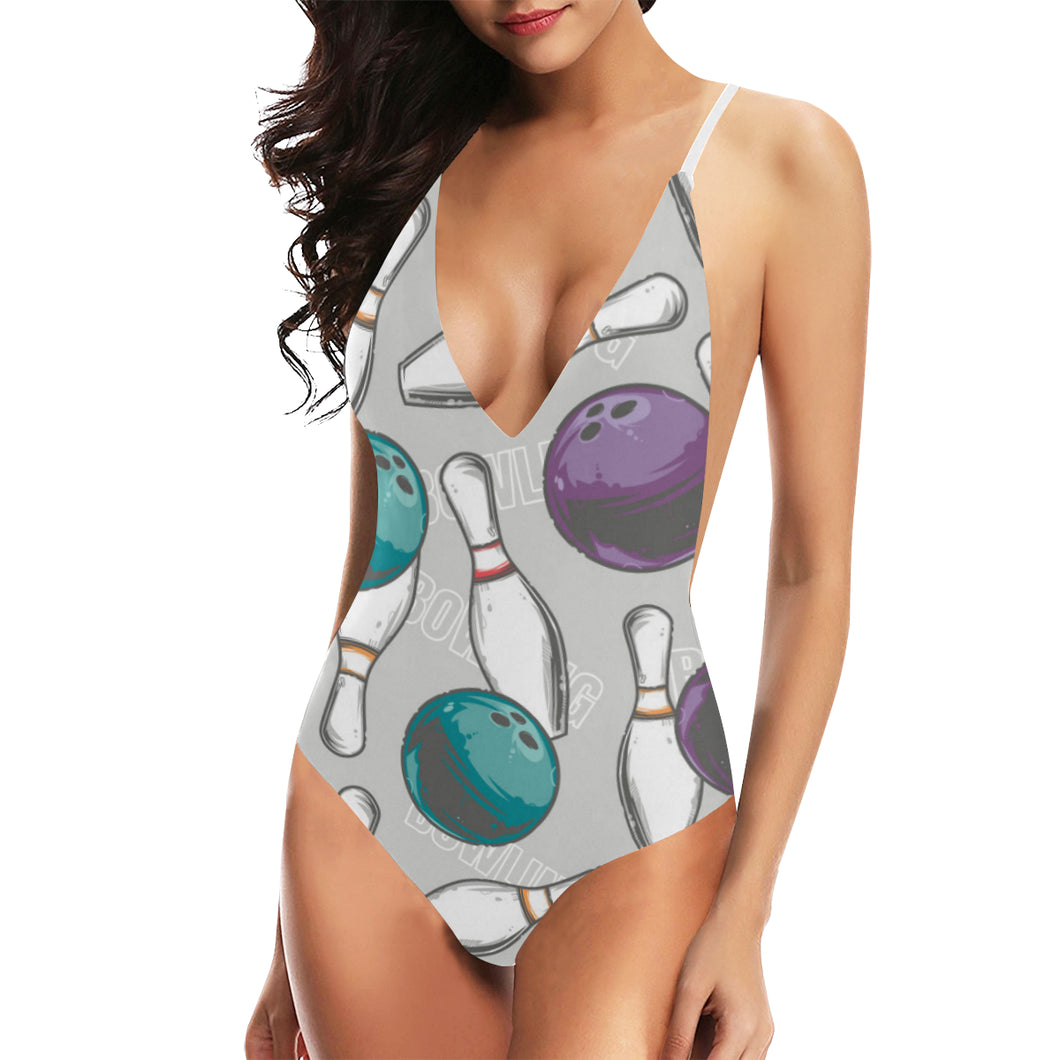 Bowling ball and pin gray background Women's One-Piece Swimsuit