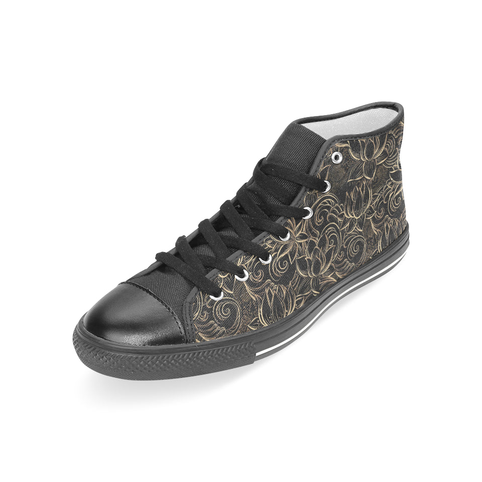luxurious gold lotus waterlily black background Women's High Top Canvas Shoes Black