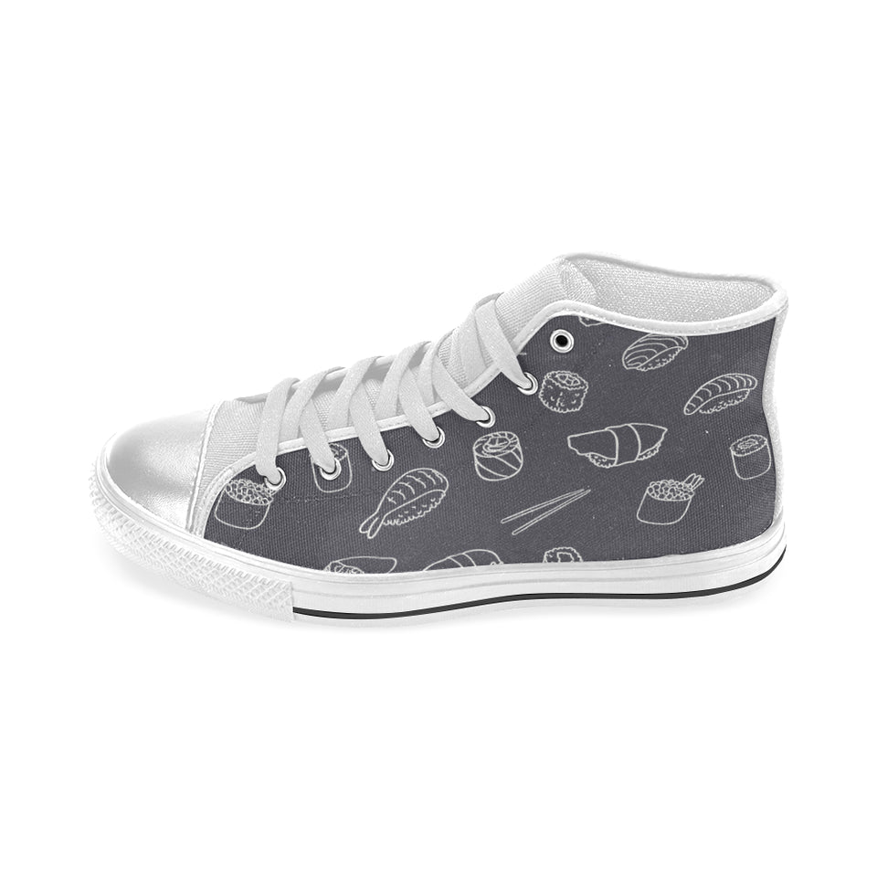 sushi pattern black background Women's High Top Canvas Shoes White