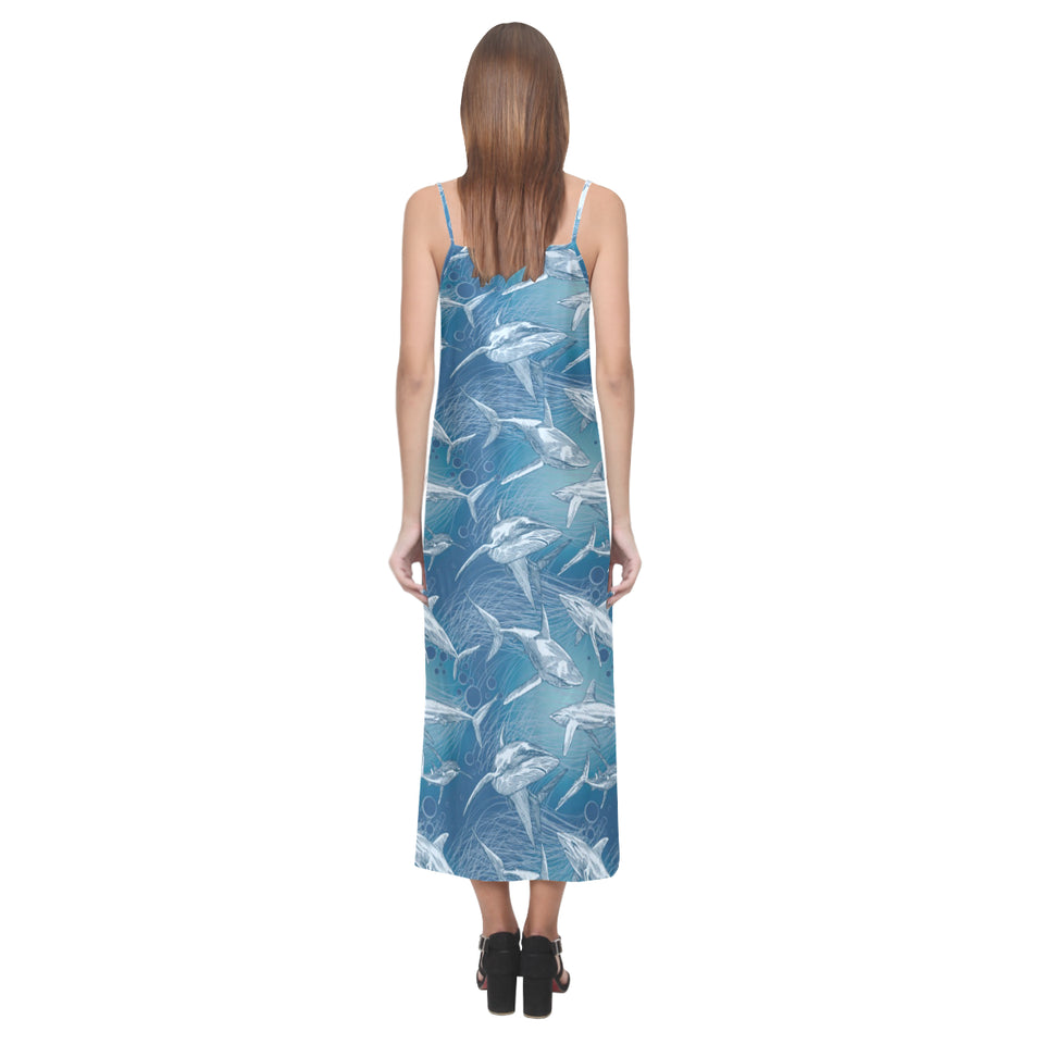 Shark hand drawn V-Neck Open Fork Long Dress