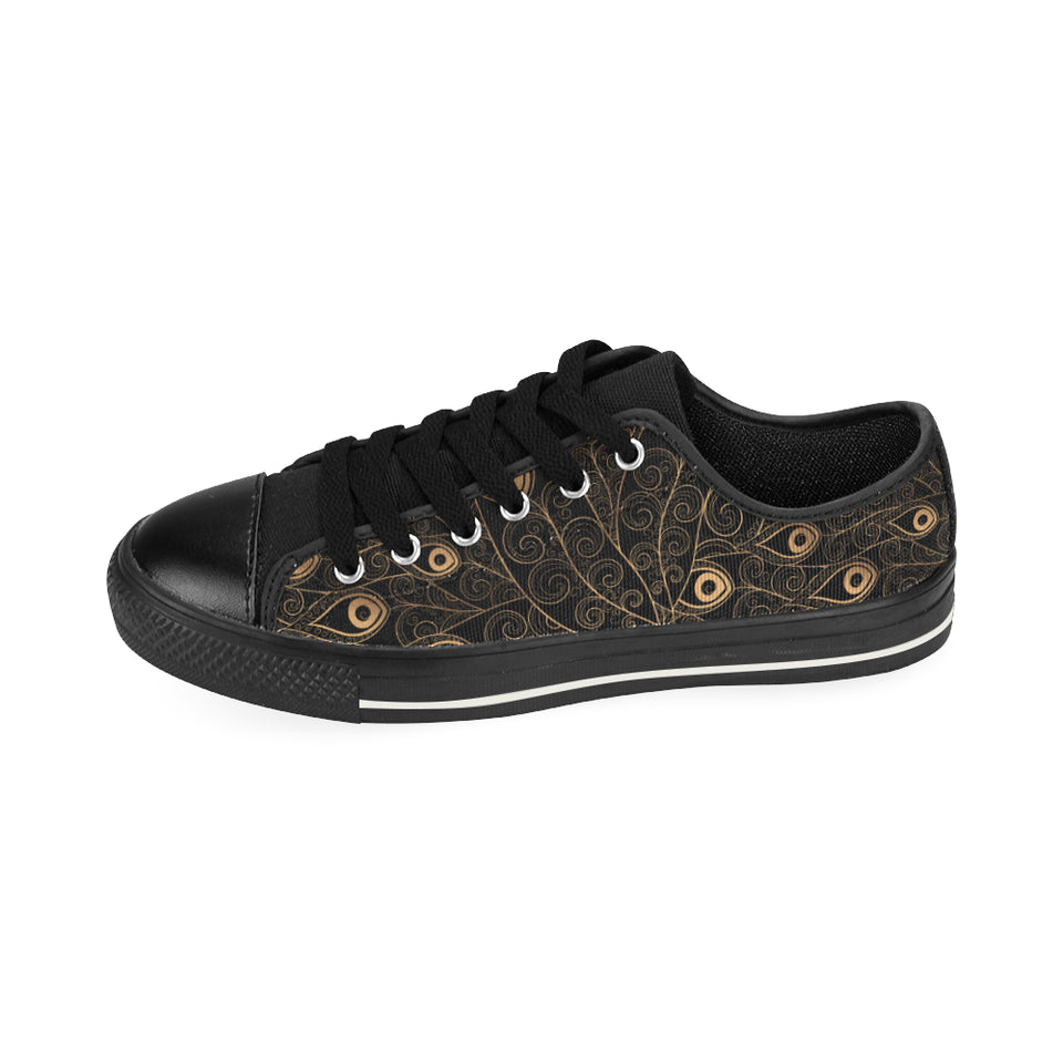 Gold peacock feather pattern Men's Low Top Canvas Shoes Black