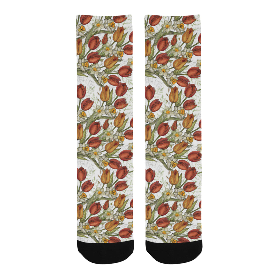 Red tulips and daffodils pattern Crew Socks