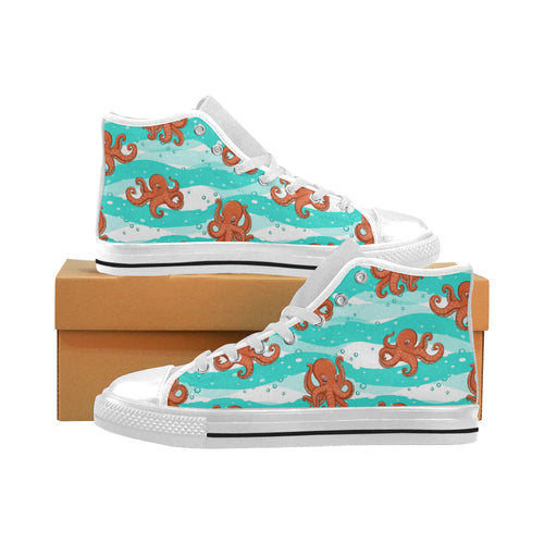 Octopuses sea wave background Men's High Top Canvas Shoes White