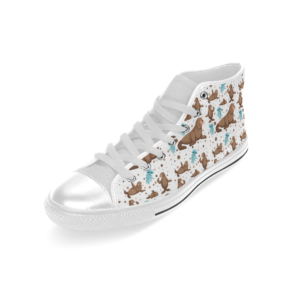 sea lion Seals jellyfish pattern Men's High Top Canvas Shoes White