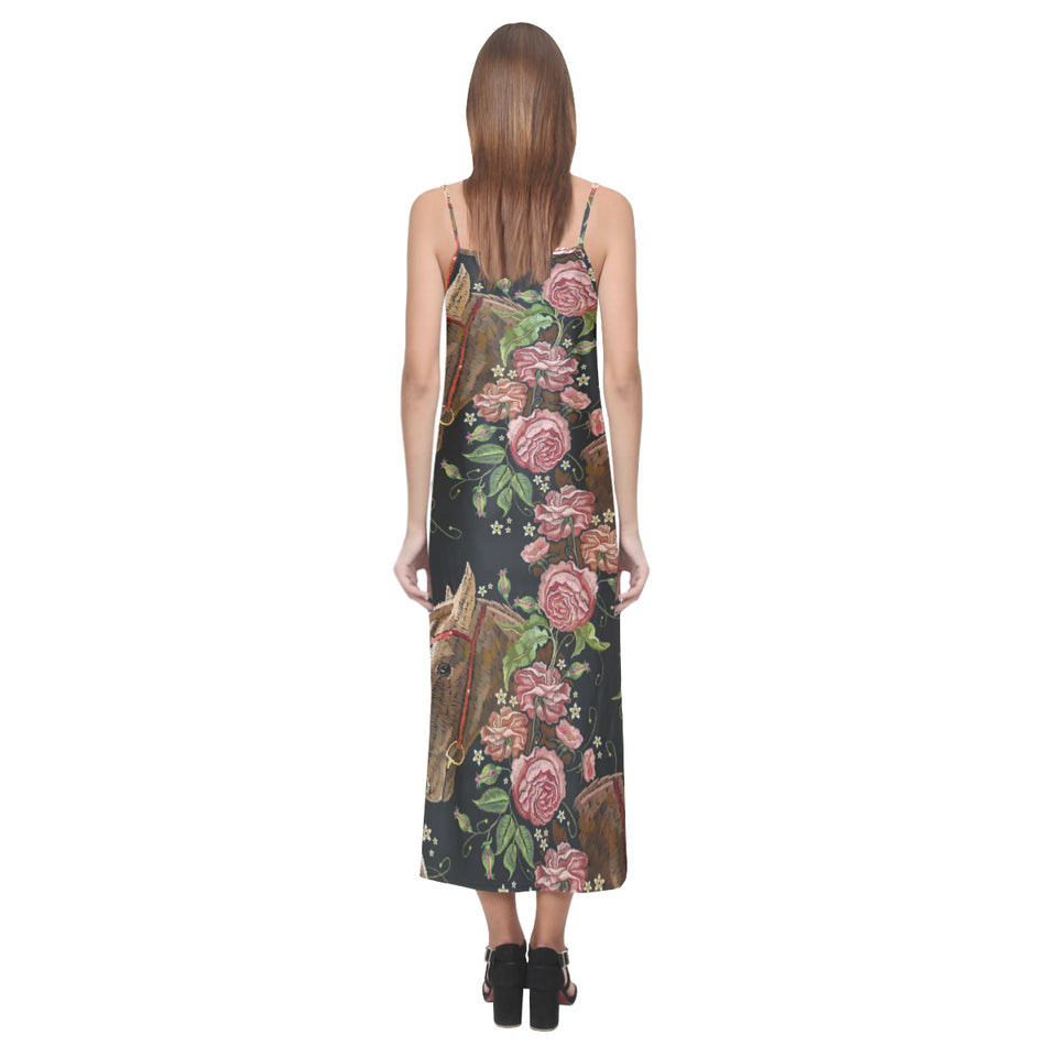Horse head wild roses pattern V-Neck Open Fork Long Dress