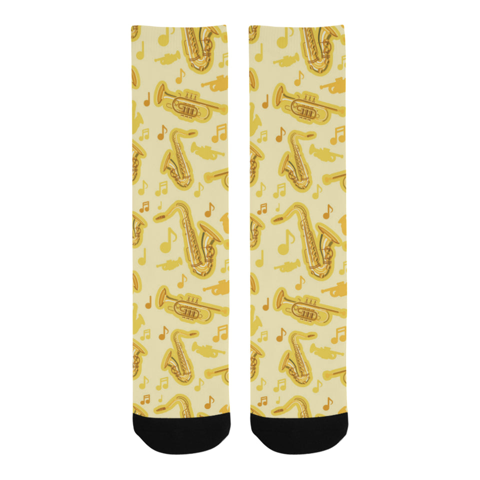Saxophone cornet pattern yellow background Crew Socks