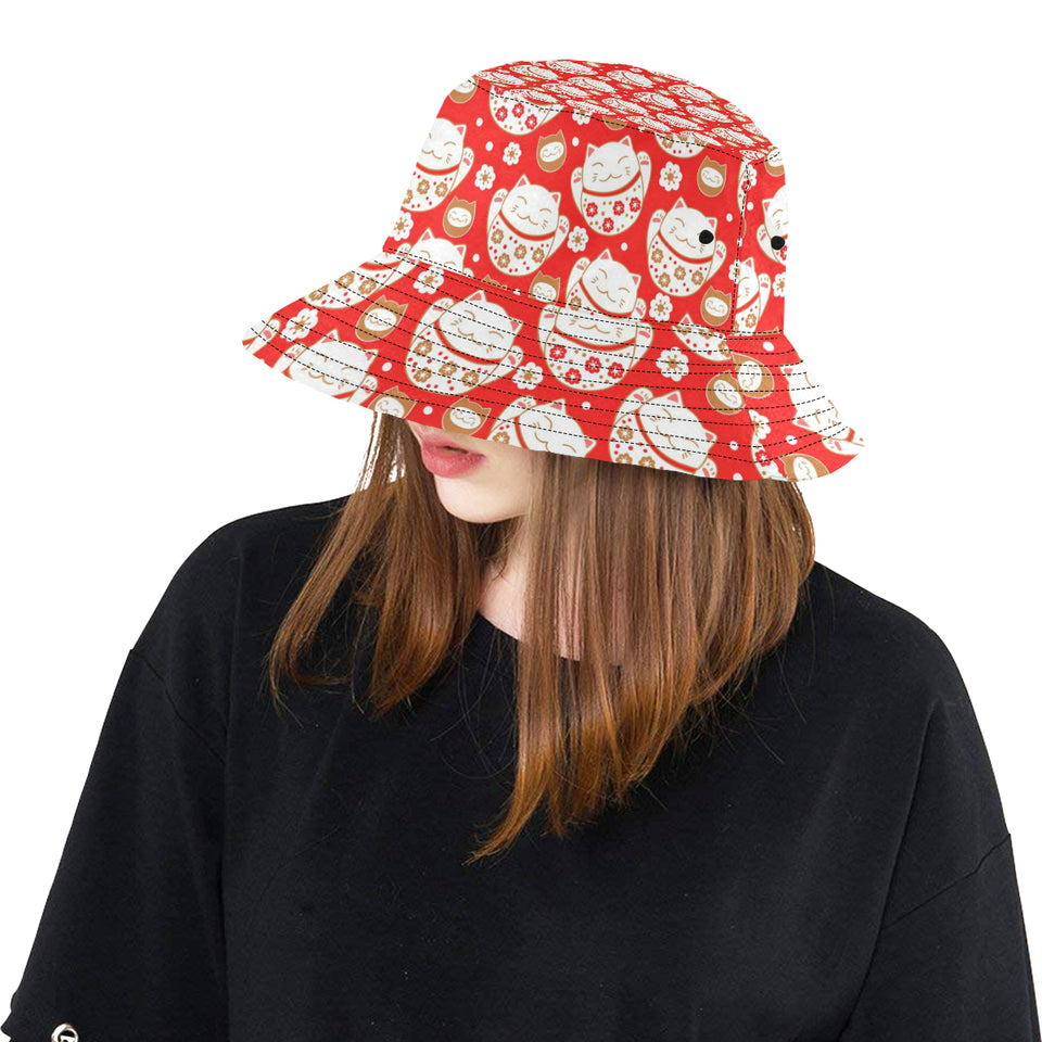 Cute Maneki neko cat red background Unisex Bucket Hat