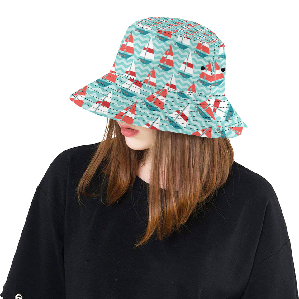 Red White sailboat wave background Unisex Bucket Hat